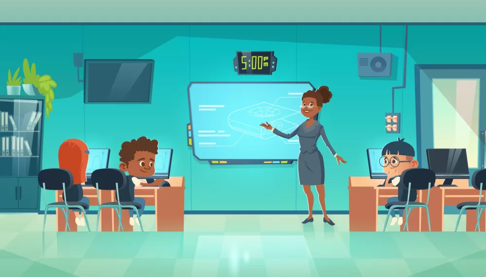 Teacher and children in computer classroom in school or college. Vector cartoon illustration of class interior with kids, monitor on desk, cabinet, screen and clock on wall