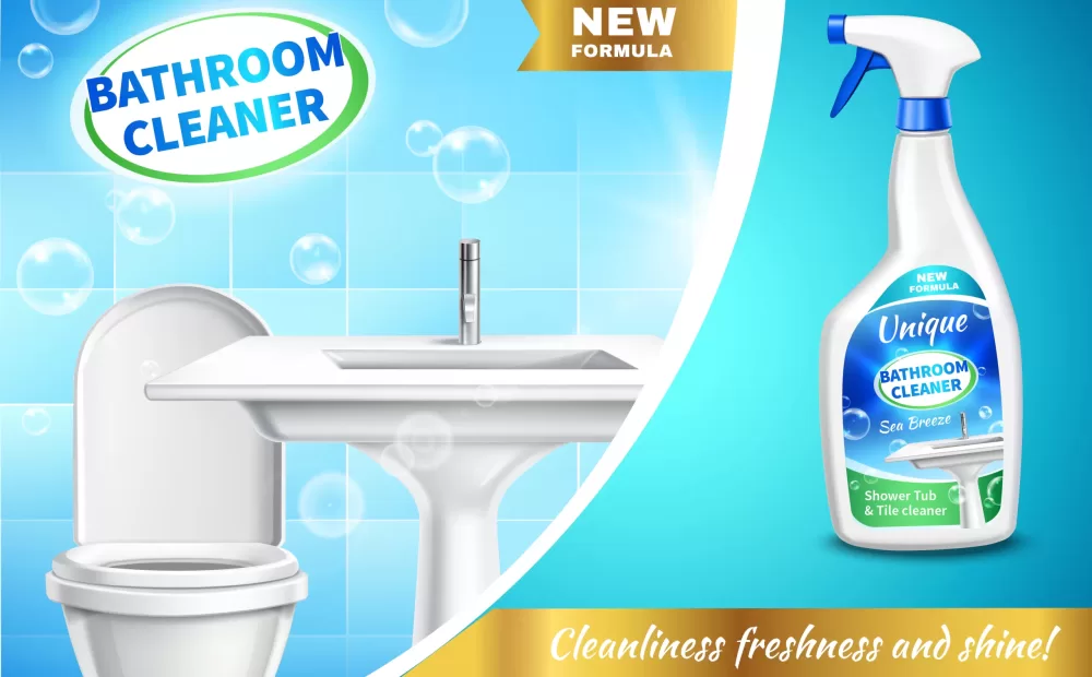 Bathroom cleaner realistic composition  with advertising of sparking fresh ultra power antibacterial effect vector illustration